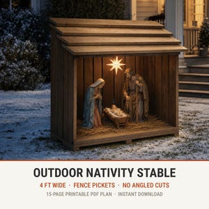 May include: A wooden outdoor nativity stable featuring a slanted roof and vertical plank walls. Inside, three figures represent a nativity scene with a glowing star hanging from the ceiling. The structure is 4 feet wide and built from fence pickets.