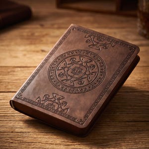 May include: A rectangular brown leather-bound book featuring an embossed circular design on the front cover. The cover displays intricate knotwork patterns within a central circle, surrounded by decorative borders and stylised motifs at the top and bottom.
