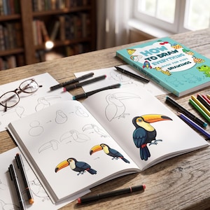 May include: An open instructional drawing book titled How to Draw Everything Book for Kids Drawings, featuring step-by-step toucan illustrations. The scene includes black markers, a pair of glasses, and a closed copy of the same book on a wooden surface.