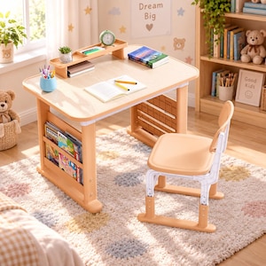 May include: A light wood-toned desk and matching chair set featuring a built-in desktop shelf, a side storage rack for books, and adjustable legs. The desk surface holds a small green clock, a potted plant, books, and writing utensils.