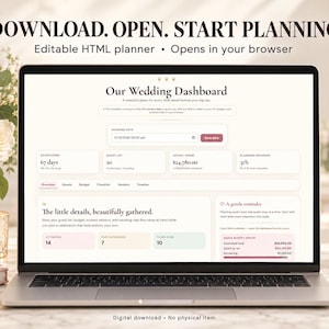 Puede incluir: Una pantalla de portátil que muestra un panel de planificación de bodas en HTML editable titulado Our Wedding Dashboard. La interfaz incluye secciones para cuenta atrás, lista de invitados, presupuesto y progreso, con el texto DOWNLOAD. OPEN. START PLANNING.