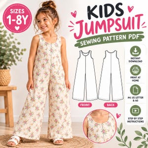 Peut inclure: Un patron de couture PDF pour combinaison d'enfant sans manches à jambes larges avec un motif floral. L'image présente des dessins techniques de face et de dos, le texte indiquant les tailles 1-8 ans et des icônes de téléchargement.