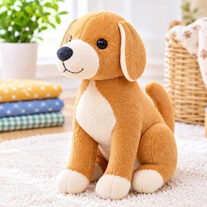 May include: A plush dog toy with soft tan fur, a cream-colored chest, and white paws. The stuffed animal features large black plastic eyes, a black stitched nose, and a small stitched mouth. It is sitting in an upright position with its tail curled.