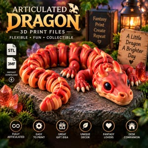 Puede incluir: Una figura de dragón articulado con cuerpo en degradado rojo y naranja, con cola segmentada, cuatro patas con garras blancas y grandes ojos oscuros. El texto dice: ARTICULATED DRAGON 3D PRINT FILES, FLEXIBLE, FUN, COLLECTIBLE, STL, 3MF, INSTANT DOWNLOAD.