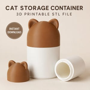 Puede incluir: Un contenedor de almacenamiento cilíndrico marrón y blanco con una tapa con orejas de gato. El texto CAT STORAGE CONTAINER 3D PRINTABLE STL FILE e INSTANT DOWNLOAD es visible. El contenedor se muestra ensamblado y desmontado.