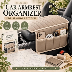 May include: A beige quilted car armrest organizer with multiple pockets holding a phone, sunglasses, and cables. Includes a PDF sewing pattern booklet, instruction guide, pattern pieces, thread, fabric swatches, and scissors.