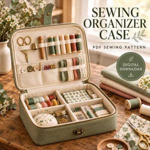 May include: A sage green zippered sewing organizer case containing various sewing supplies including spools of thread, scissors, a thimble, buttons, ribbons, a pincushion, and needles. The text reads SEWING ORGANIZER CASE PDF SEWING PATTERN DIGITAL DOWNLOAD.