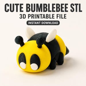 Può includere: Una statuetta di bombo stampata in 3D con testa gialla, corpo nero e ali bianche. Il testo CUTE BUMBLEBEE STL 3D PRINTABLE FILE INSTANT DOWNLOAD è visualizzato sopra l'oggetto. Il bombo ha grandi macchie nere intorno agli occhi bianchi.