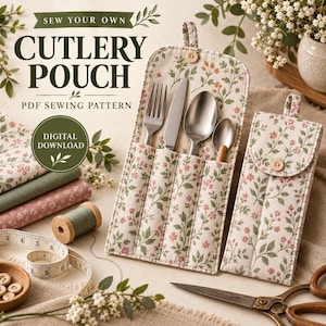 Cutlery Pouch Sewing Pattern PDF, Floral Fabric Utensil Holder (Digital Download)