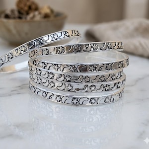 Handmade Silver Moon & Star Bangle Set | Boho Celestial Stack (6 Pieces)