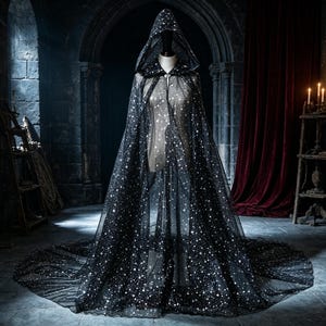 May include: A floor-length black hooded cloak made of sheer tulle fabric featuring a dense pattern of silver star-shaped sequins. The garment includes a pointed hood and a single silver-toned metal clasp closure at the neckline, draping to the floor.
