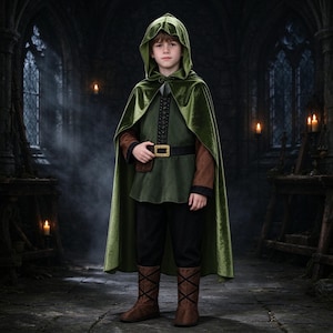 May include: A forest green velvet hooded cloak worn over a dark green tunic with black lace-up detailing, a black belt with a gold-toned buckle, black trousers, and brown boots with black crisscross lacing, creating a complete fantasy-inspired outfit.