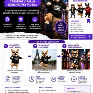 May include: An infographic titled Viral Content Blueprint for creating AI dancing pet videos. It features a Corgi wearing sunglasses and a black hoodie with the text Dance Mode. The layout includes a 3-stage workflow, icons, and text detailing a digital masterclass for generating consistent character animations.