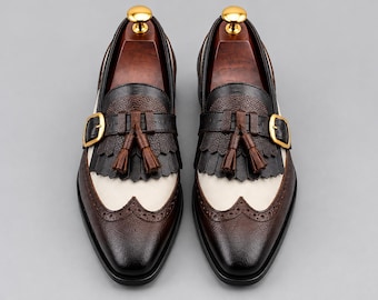 Luxury Handmade Two-Tone Tassel Loafers – Brown & Ivory Leather with Gold Buckle