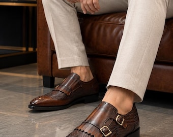 Luxuriöse, handgefertigte Double-Monk-Loafer aus zweifarbigem Narbenleder | Quaste & goldene Schnalle