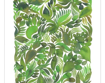 Abstract Plants, 8x10 Inch Giclée Print, Watercolor Reproduction, Abstract Botanical Pattern in Shades of Green, Ready to Frame Art