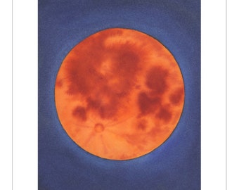 Blood Moon, 8x10 Inch Giclée Print, Full Moon, Orange Moon, Watercolor Painting Reproduction, Ready to Frame Artwork, Night Sky