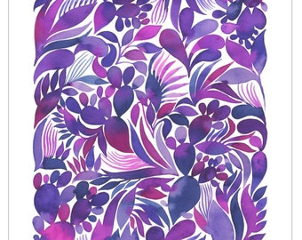 Purple Abstract Plants, 11x14 Inch Giclée Print, Watercolor Reproduction, Abstract Botanical Pattern in Shades of Purple, Ready to Frame Art