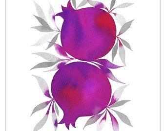 Twin Fuchsia Jerusalem Poms, 8x10 Inch Giclée Print, Pomegranate Watercolor Painting Reproduction, Jewish Art, Judaica, Israel Artwork