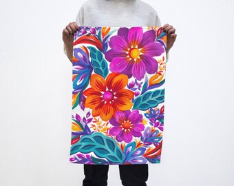 Floral Watercolor Printed Tea Towel, Colorful Flower Design Kitchen Towel, Organic Cotton Hemp, Size 17x26 Inches