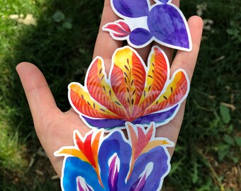 Set of 3 Botanical Stickers, Lotus, Cactus, Whimsical Flower, Watercolor Design, Vinyl Sticker Lot, Colorful Floral Stickers