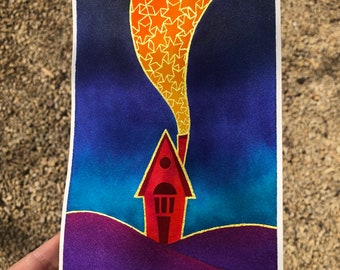 Little Red House #1 Watercolor Painting, 5x7 Original Art with Metallic Gold Details, Whimsical Starry Tiny Home with Chimney Smoke