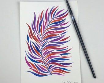 Majestic Feather Watercolor Painting , 5x7 Original Art, Blue Orange Purple Red, Contemporary Art, Unframed