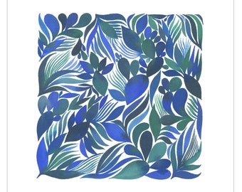 Blue Abstract Plants, 12x12 Inch Giclée Print, Watercolor Reproduction, Abstract Botanical Pattern in Blues and Greens, Ready to Frame Art