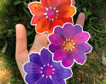 Set of 3 Flower Stickers, Pink Purple & Orange Whimsical Flowers, Watercolor Floral Design, Unique Botanical Design, Vinyl Sticker Lot