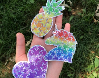 Set of 3 Glitter Stickers, 3 for 10, Prismatic Unicorn, Pineapple and Heart Decals