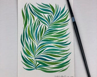 Green Whimsical Leaves Watercolor Painting, 5x7 Original Art, Botanical Art, Shades of Green Leafy Design, Cactus Flowers, Unframed