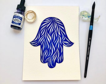 Hamsa: Peace, Original Watercolor Painting with metallic details, 6x8 matted to 11x14, Ready to Frame, Jewish Art