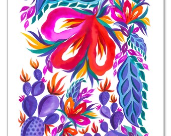 Abundance, 11x14 Giclée Print, Cactus and Fantasy Flowers in Blues and Purples, Colorful Botanical Watercolor Reproduction, Whimsical Jungle