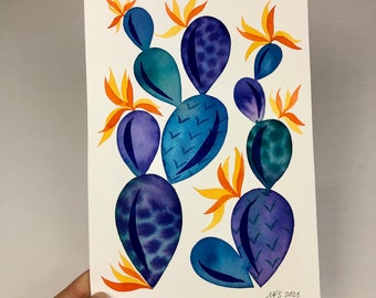 Blue Cactus Watercolor Painting, 5x7 Original Art, Whimsical Botanical Cacti, Southwest Themed Art, Cactus Flowers, Unframed