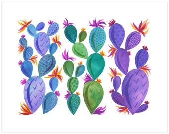Cactus Friends, 11x14 Giclée Print, Whimsical Blue Green and Purple Cacti, Colorful Botanical Watercolor Reproduction, Ready to Frame Art