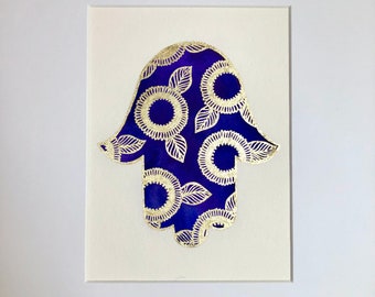 Hamsa: Growth, Original Watercolor Painting embellished with Gold Leaf Mehndi Floral Pattern, 6x8” matted to 11x14, Jewish Art