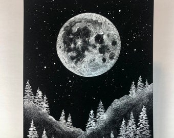 Silver Moon Landscape Painting, 5x7 Original Metallic Watercolor on Black Paper, Full Moon Over Hills and Trees, Starry Night Forest Scene