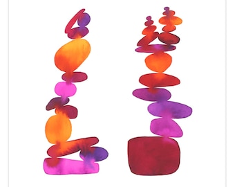 Double Rock Stacks, 12x12 Inch Giclée Print, Cairn Watercolor Reproduction, Vibrant Balancing Rocks, Ready to Frame Art