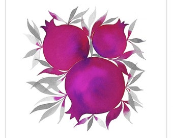 Fuchsia Jerusalem Pomegranates, 12x12 Inch Giclée Print, Watercolor Reproduction, Jewish Art, Judaica, Israel Art, Fruit Art, Ready to Frame