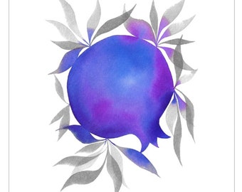 Twilight Jerusalem Pom, 8x10 Inch Giclée Print, Pomegranate Watercolor Painting Reproduction, Blue & Purple with Gray Leaves, Jewish Art