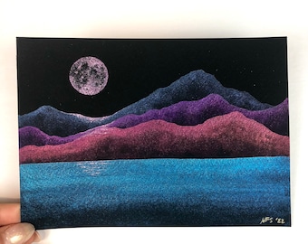 Galaxy Watercolor Painting, 9x6” Original Art, Blue and Pink Milky Way Starry Sky and Black Mountains