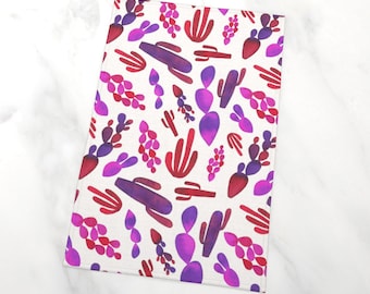 Cactus Watercolor Printed Tea Towel, Pink and Red Colorful Cacti Design, Organic Cotton Hemp, Size 17x26 Inches