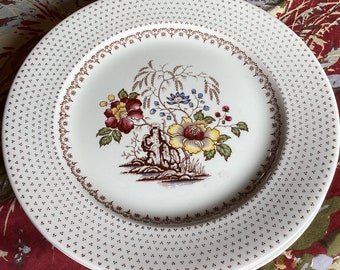 Four Royal China USA Chippendale 10" Dinner Plates-Red/Yellow/Green/Blue/Brown Transfer Floral Pattern