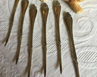 Six Vintage Silverplate Rogers and Hamilton Ornate Nut Picks with Letter “A”