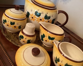 Vernon Kilns Metlox Poppy Trail Brown Eyed Susan Yellow/Brown Teapot/Creamer/Sugar Bowl/Lids/Salt Shaker  Lot