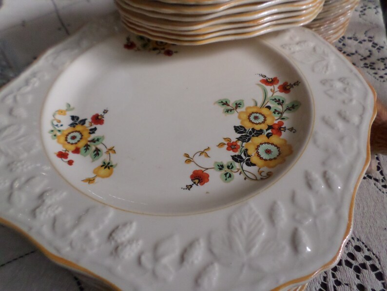 Rare Vintage English Brambleberry Embossed Square Salad Plate-YellowOrangeRedBlack Floral-Yellow Trim