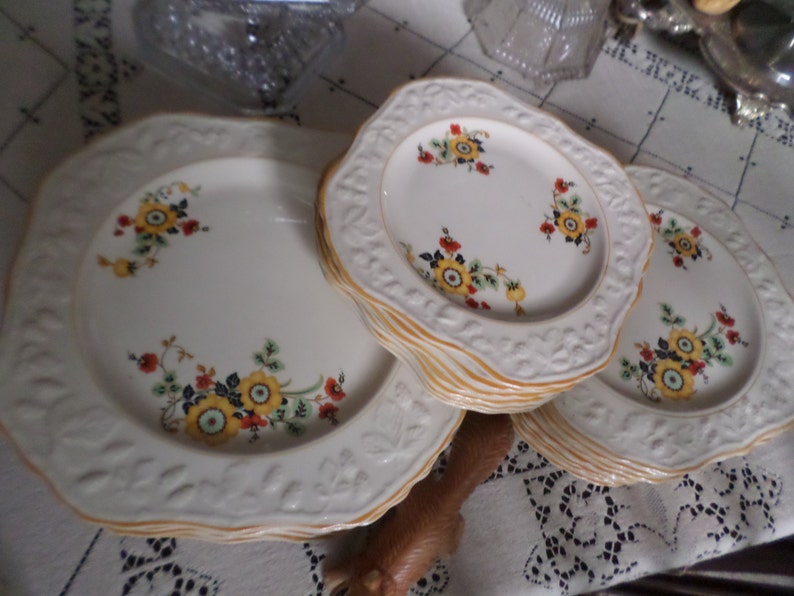 Rare Vintage English Brambleberry Embossed Square Salad Plate-YellowOrangeRedBlack Floral-Yellow Trim