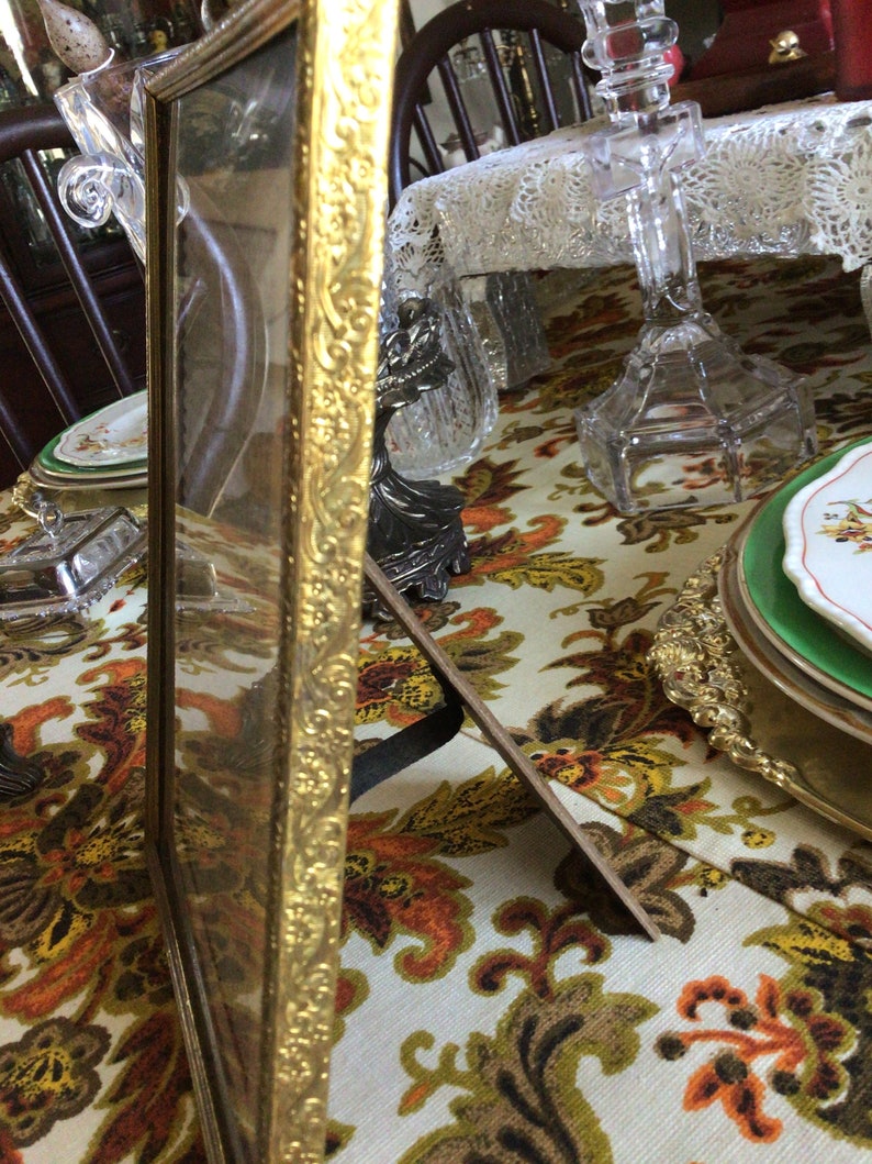 Old Tabletop Picture Frame with Brown Crushed Velvet Backing and Ornate Metal Frame and Glass