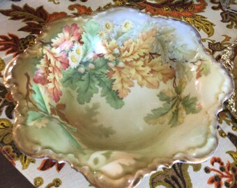 10.5"  Fall Leaves and Acorns Bavarian/Bavaria/Germany Porcelain  Console/Cabinet Bowl Signed Alberti