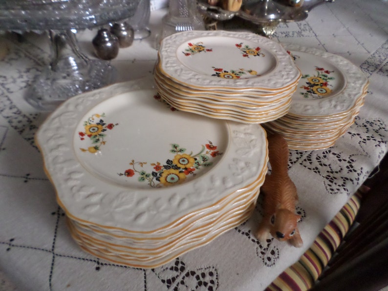 Rare Vintage English Brambleberry Embossed Square Salad Plate-YellowOrangeRedBlack Floral-Yellow Trim